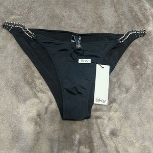 Sky Black Bikini Bottom with Rhinestone Straps